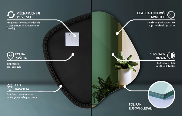 Oregelbunden spegel med led 68x67 cm