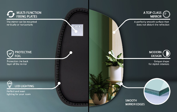 Oregelbunden spegel med LED 49x34 cm