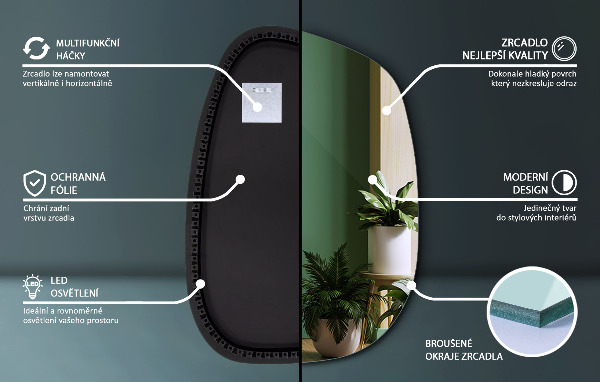 Oregelbunden spegel med LED 55x38 cm