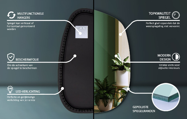 Oregelbunden spegel med LED 55x38 cm