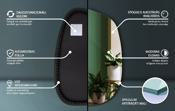 Oregelbunden spegel med LED 91x66 cm