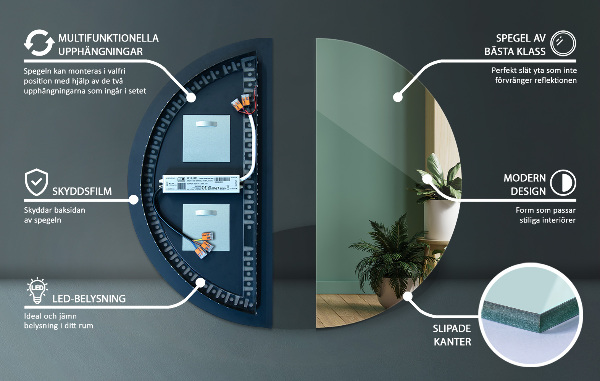 LED Halvcirkel Spegel 35x70 cm