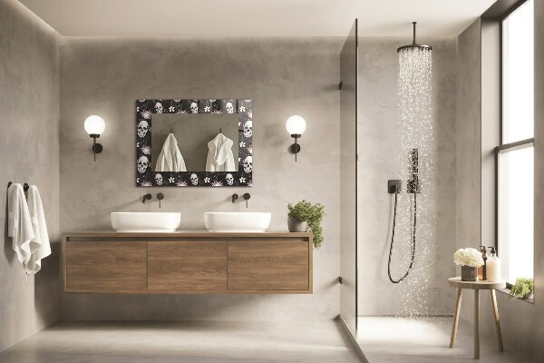 Rektangulär spegel med tryckt ram Döskallar och blommor