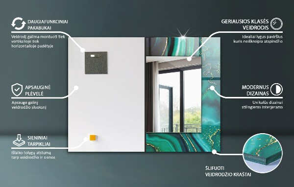 Rektangulär spegel med tryckt ram Grönt geometriskt mönster