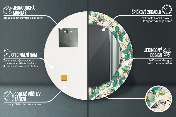 Rund spegel elegant Blommor och fåglar