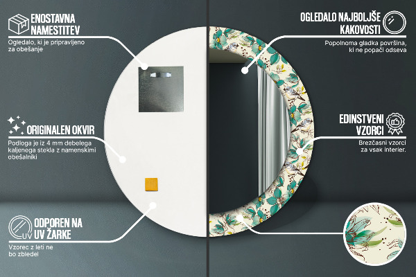 Rund spegel elegant Blommor och fåglar