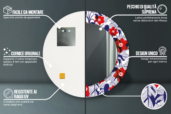 Rund spegel elegant Filodendron och röda blommor