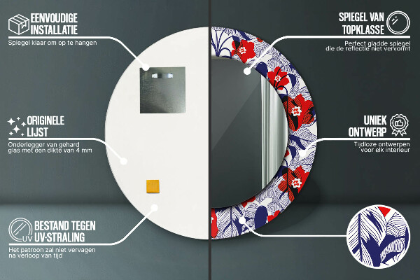 Rund spegel elegant Filodendron och röda blommor