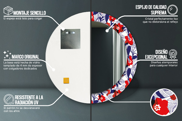 Rund spegel elegant Filodendron och röda blommor