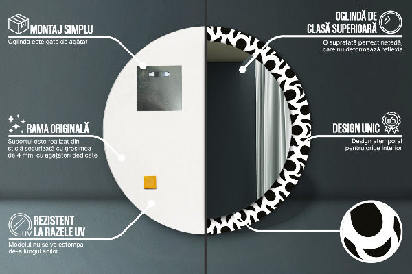 Rund spegel med tryck Svart geometrisk prydnad
