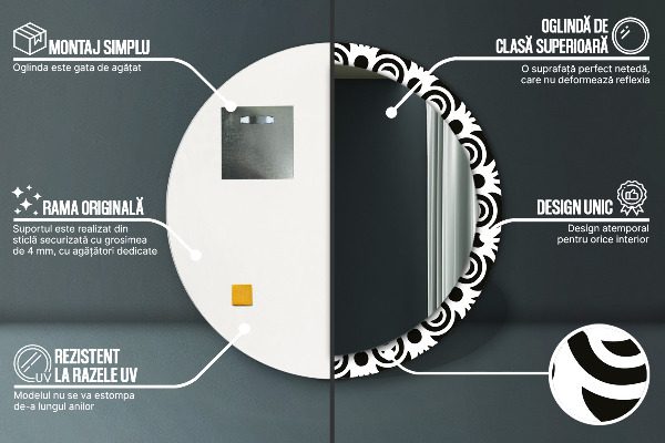 Rund spegel med tryck Svart geometrisk prydnad