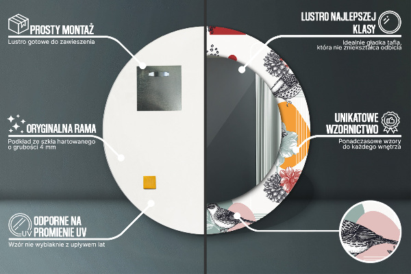 Rund spegel med tryck Abstraktion med fåglar
