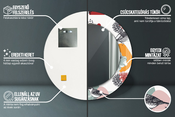 Rund spegel med tryck Abstraktion med fåglar