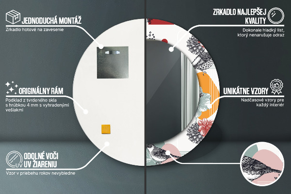 Rund spegel med tryck Abstraktion med fåglar