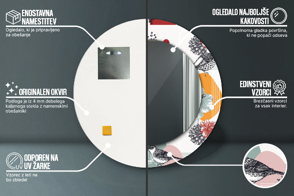Rund spegel med tryck Abstraktion med fåglar