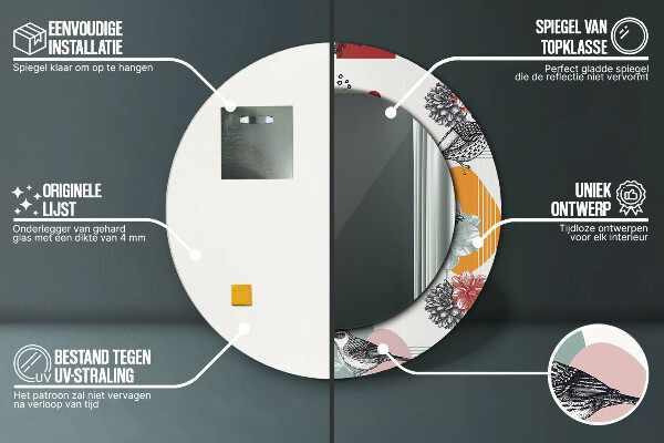 Rund spegel med tryck Abstraktion med fåglar