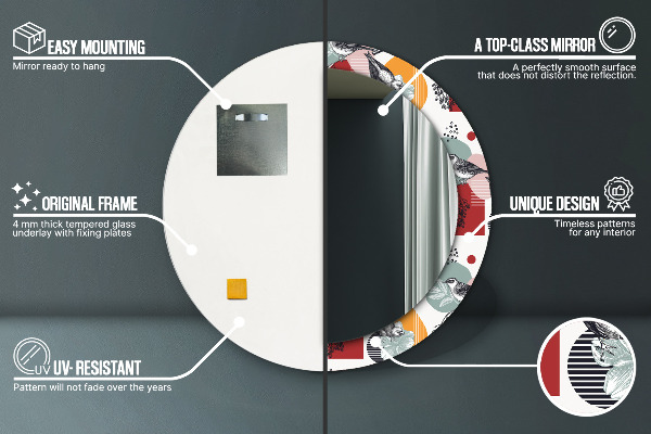 Rund spegel med tryck Abstraktion med fåglar