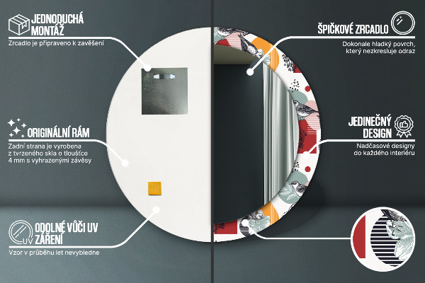 Rund spegel med tryck Abstraktion med fåglar