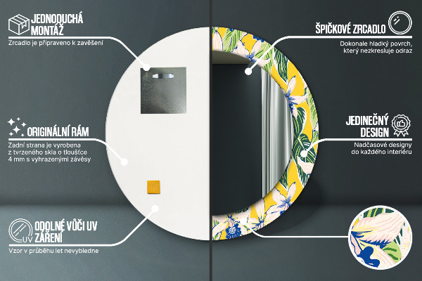 Rund spegel med tryck Blå och gula orkidéer