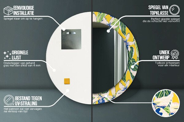 Rund spegel med tryck Blå och gula orkidéer