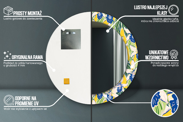 Rund spegel med tryck Blå och gula orkidéer