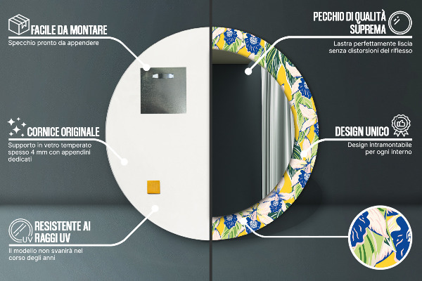 Rund spegel med tryck Blå och gula orkidéer