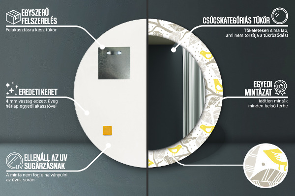 Rund spegel med tryck Gula fåglar på grenarna