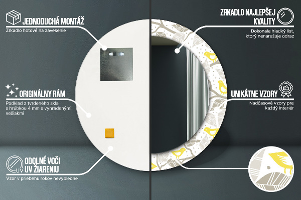 Rund spegel med tryck Gula fåglar på grenarna
