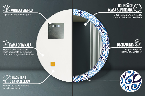 Rund spegel med tryck Blå arabiska mönster