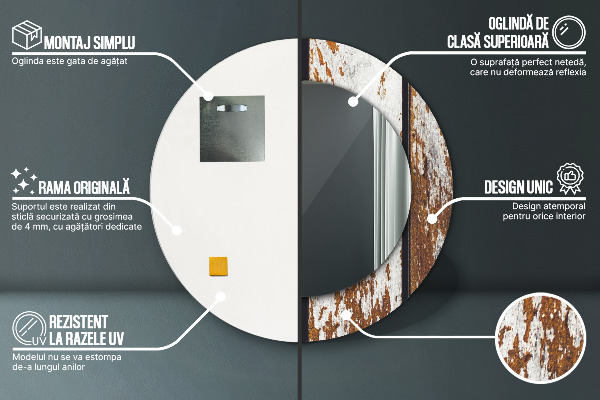 Rund spegel med tryck Vintage mörkt trä