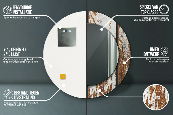 Rund spegel med tryck Vintage mörkt trä