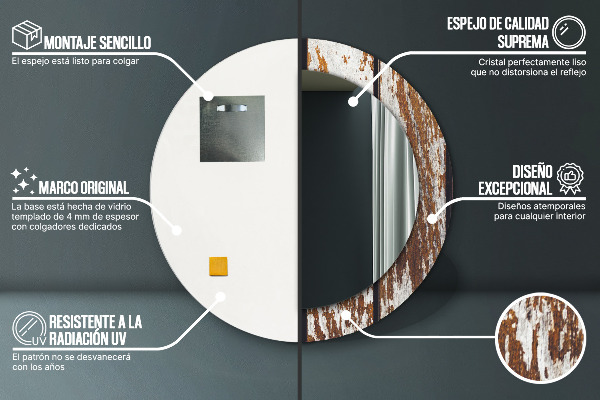 Rund spegel med tryck Vintage mörkt trä