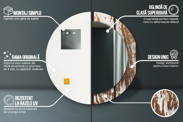 Rund spegel med tryck Vintage mörkt trä