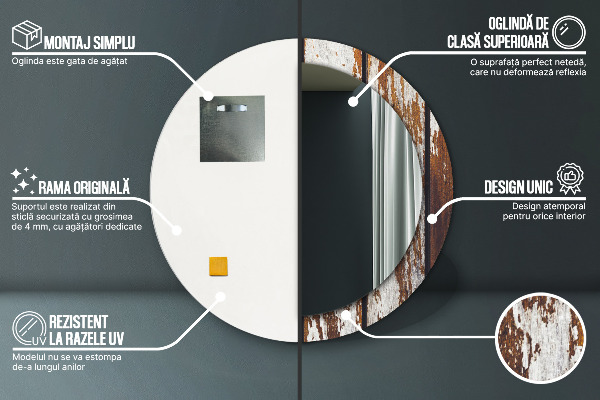 Rund spegel med tryck Vintage mörkt trä