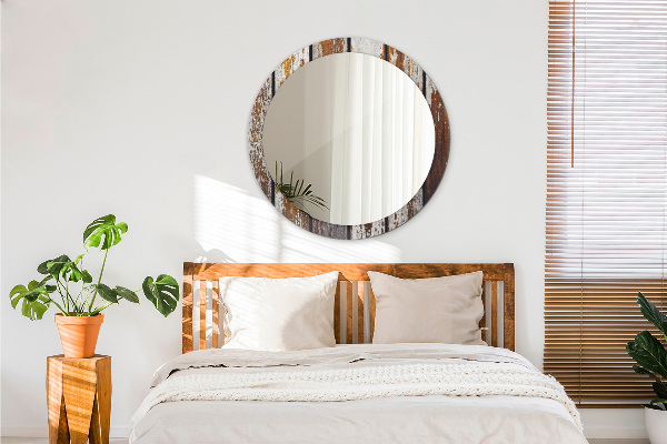 Rund spegel med tryck Vintage mörkt trä