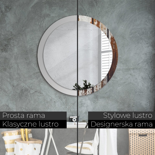 Rund spegel med tryck Vintage mörkt trä