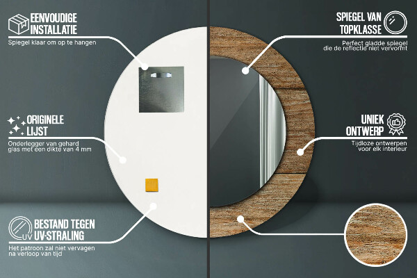 Rund spegel med tryck Gammalt trä