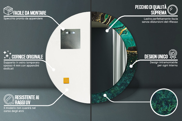 Rund spegel med tryck Marmorgrön
