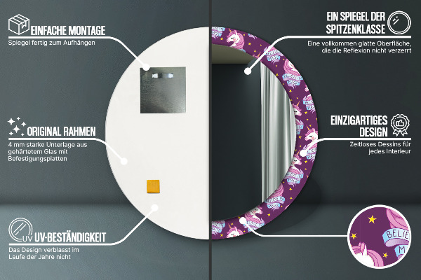 Rund spegel med tryck Enhörningsstjärnor