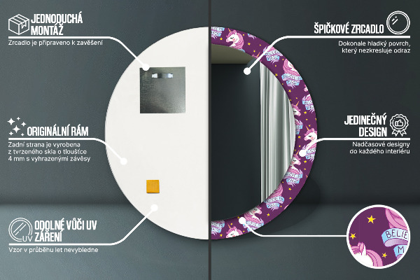 Rund spegel med tryck Enhörningsstjärnor