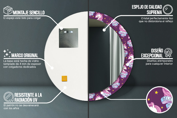 Rund spegel med tryck Enhörningsstjärnor
