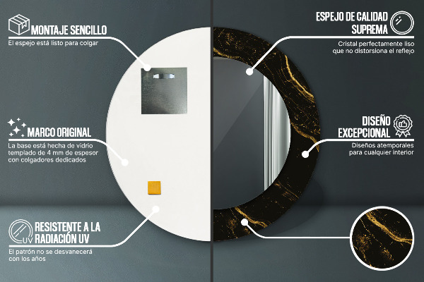 Rund spegel med tryck Svart marmor