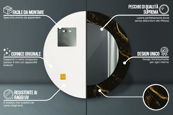 Rund spegel med tryck Svart marmor