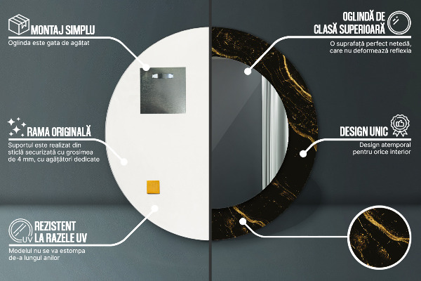 Rund spegel med tryck Svart marmor