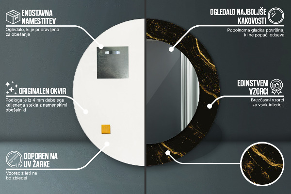 Rund spegel med tryck Svart marmor