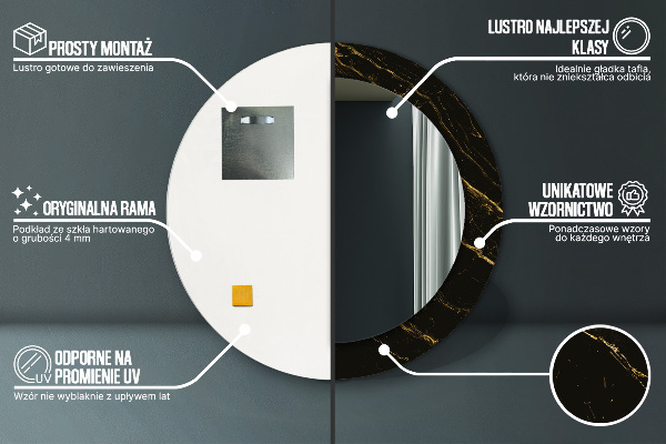 Rund spegel med tryck Svart marmor