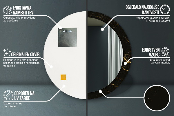 Rund spegel med tryck Svart marmor