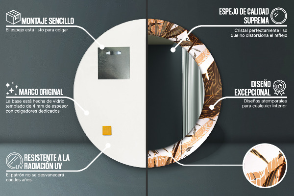 Rund spegel med tryck Palmblad