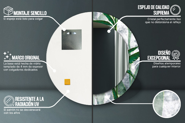 Rund spegel med tryck Tropiska löv