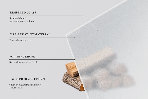 Rektangulär semitransparent glasskiva under kamin 60x40 cm